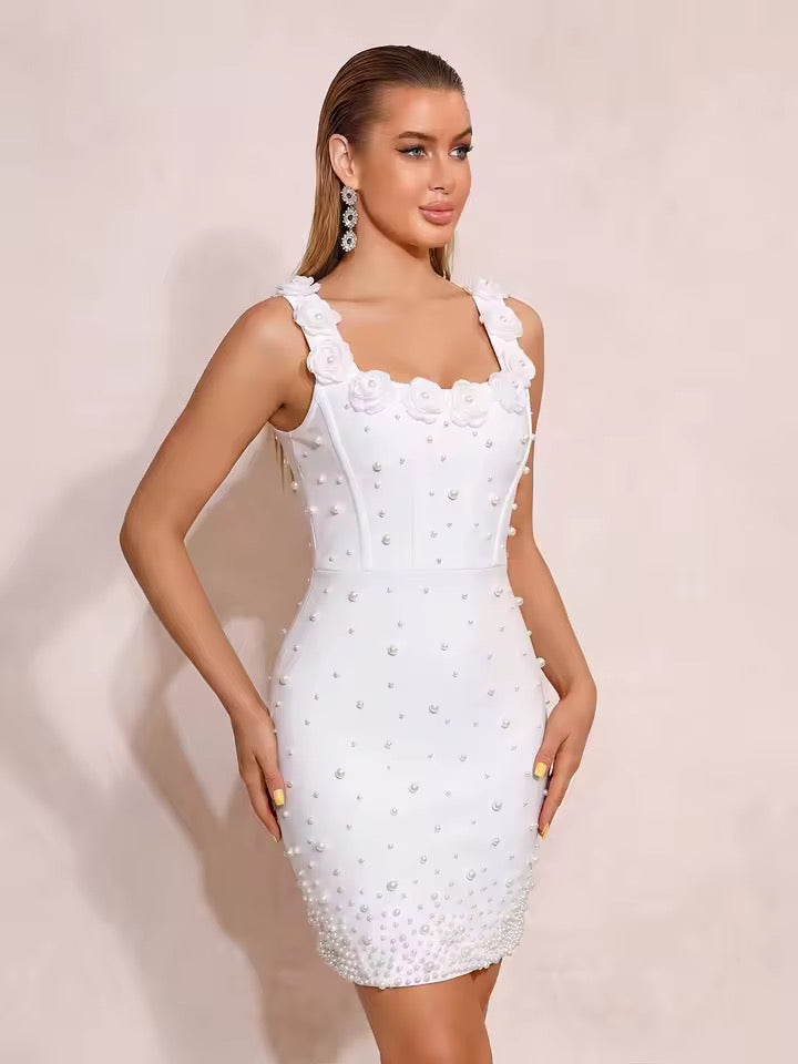 White Pearl Splicing Flowers Bandage Mini Dress Spaghetti Strap Bodycon Party Dress