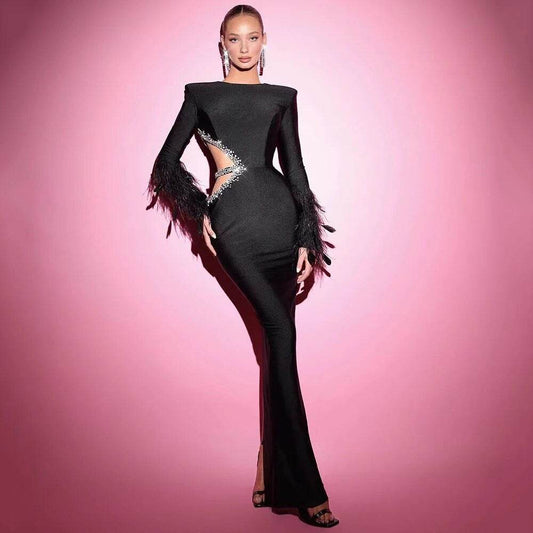 Long sleeved Feather Diamond Hollow Long Bandage Dress - REBECATHELABEL