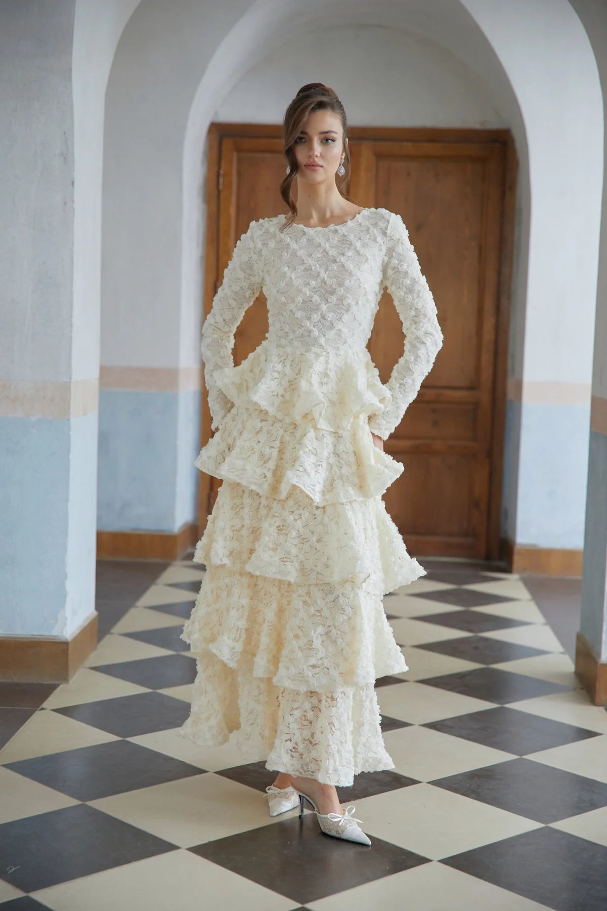 Neutral Tiered Floral Lace Maxi Dress