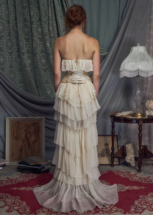 Strapless Chest Tie Chiffon Layered Ruffle Edge Long Dress - REBECATHELABEL