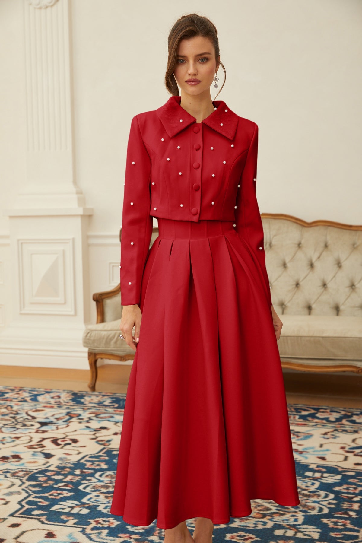 Red Faux Pearl Jacket & Pleated Skirt Set
