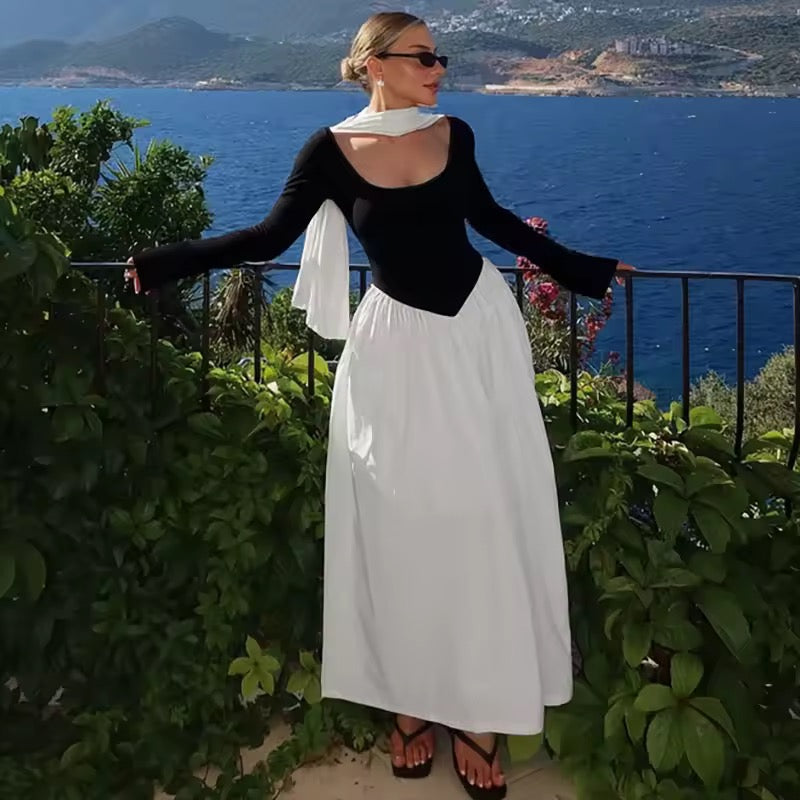 Patchwork Long Sleeve Sexy Maxi Dress