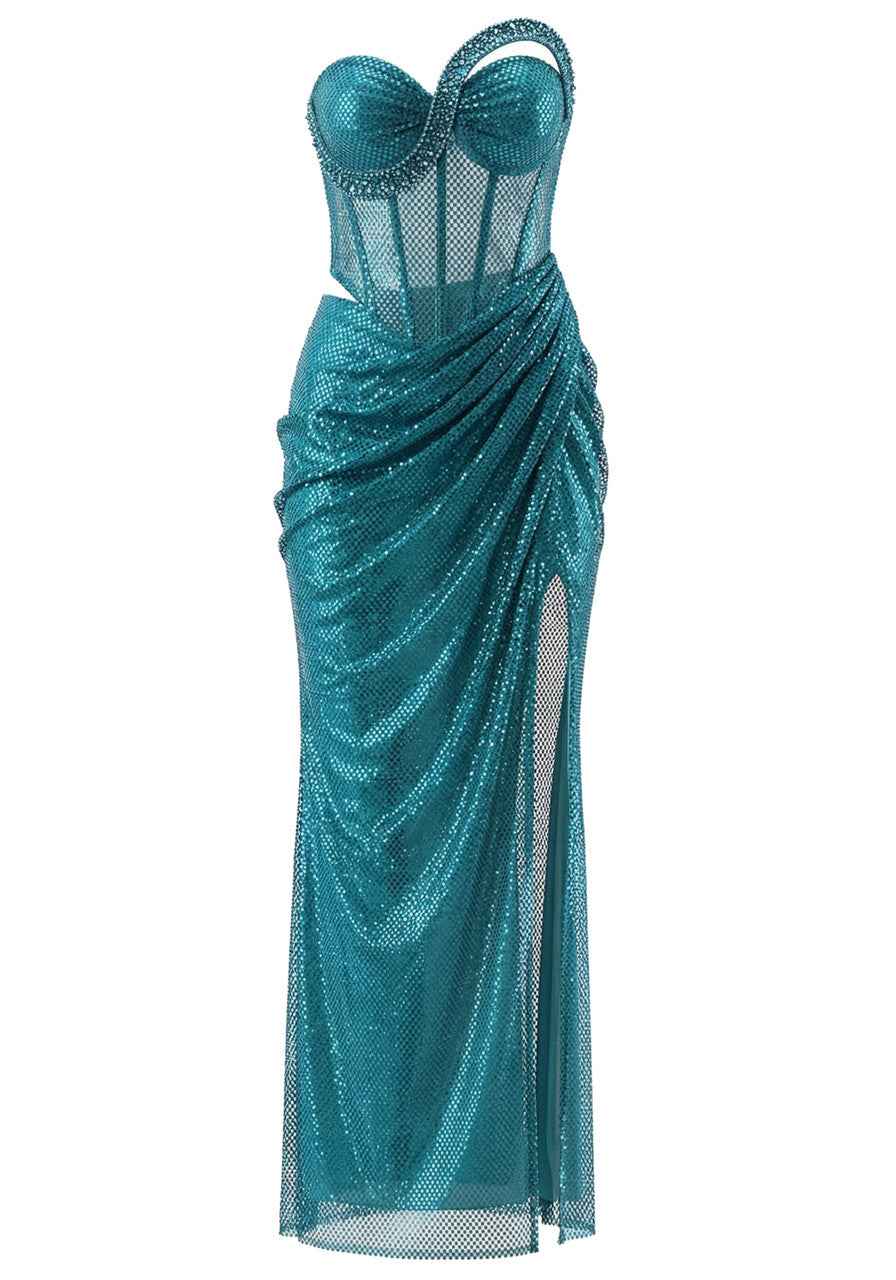 Strapless Sparkly Bustier Maxi Dress