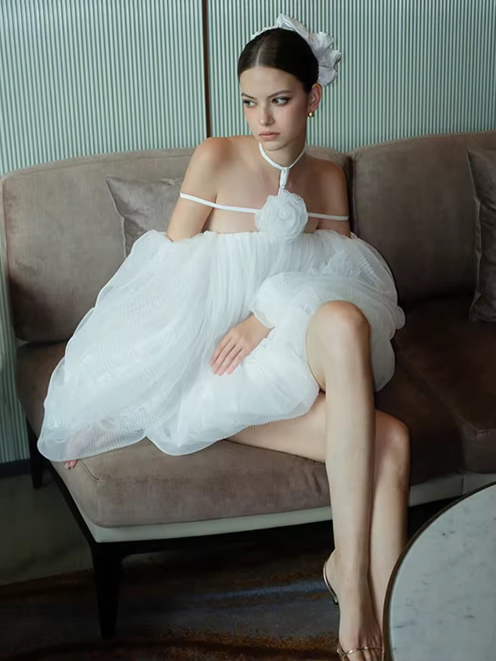 Loose Sexy Flower Mesh Off Shoulder Halter Mini Dress