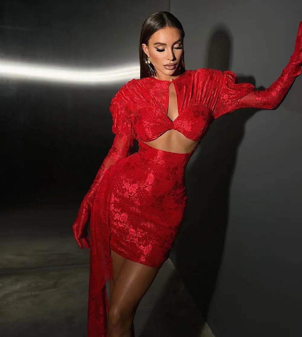 exy Hollow Long sleeved Hanging Lace Tight Mini Dress - REBECATHELABEL