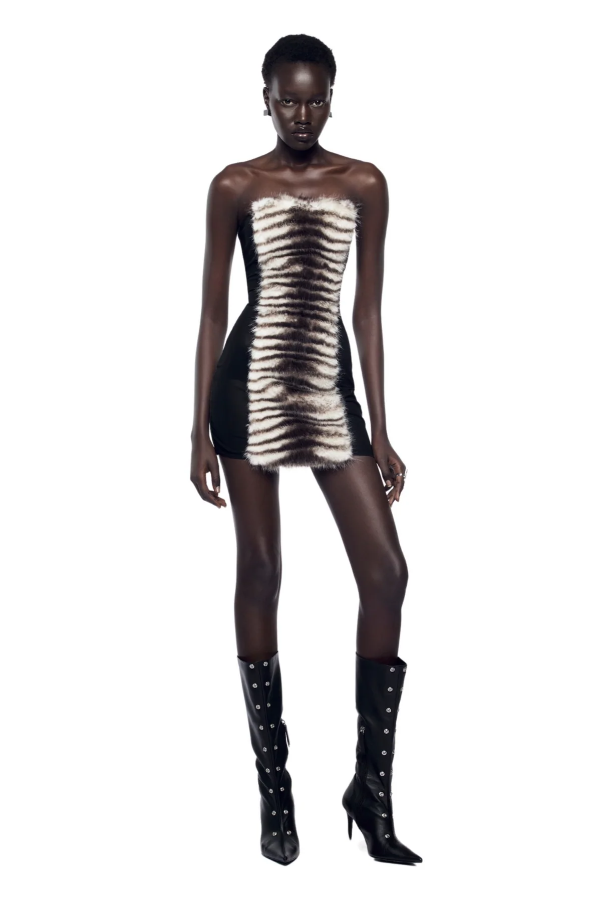 Black Strapless Fur Panel Mini Dress