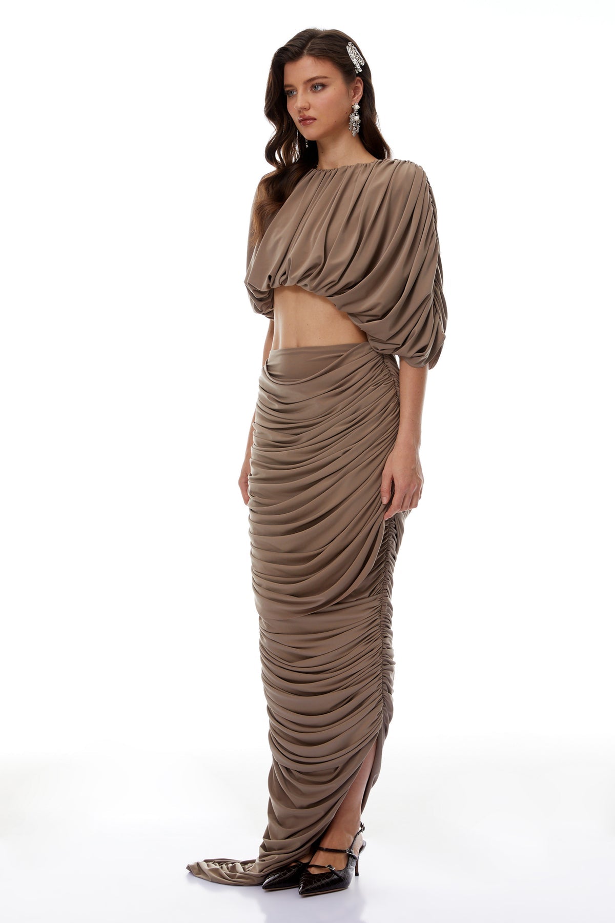 Brown Ruched Top & Skirt Co-ord Set