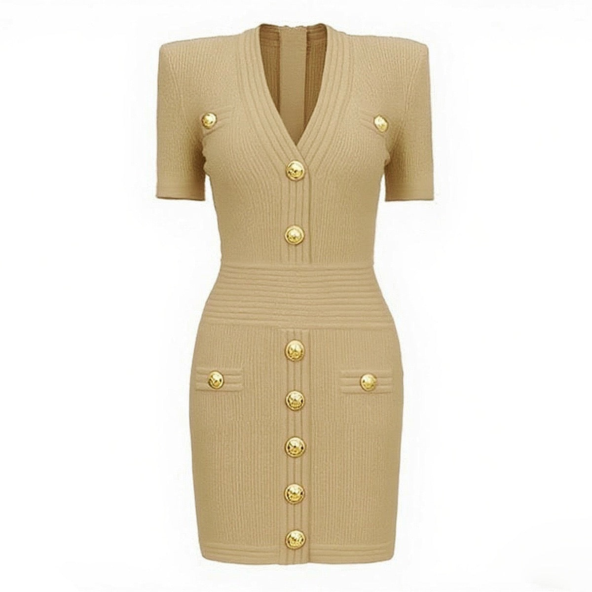 V-Neck Knitted Short Skirt With Rivet Buckle Short Sleeved dress