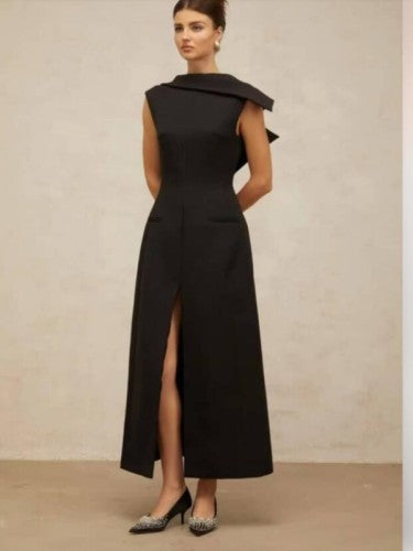 Long Dr with oulder awl Slit Waist Cinching dress