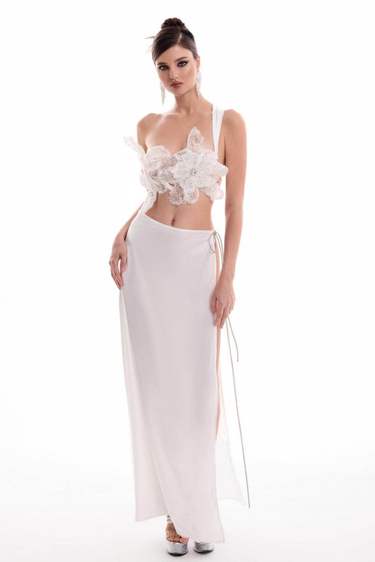 3D Flower Embroidered Backless Top & Solid Split Maxi Skirt Set - REBECATHELABEL