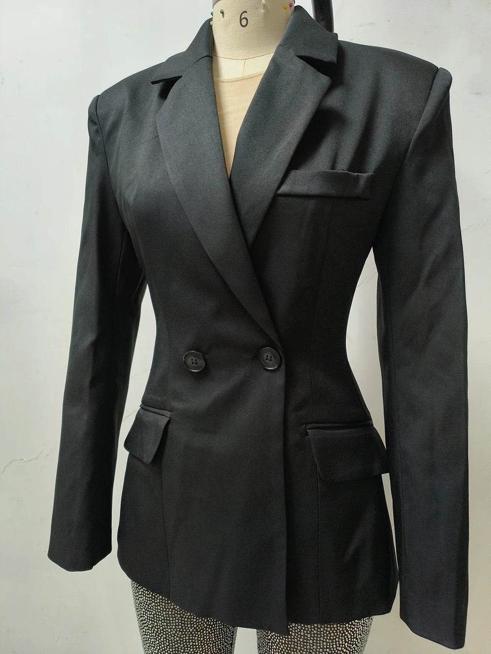 Two Piece diamond Long sleeved Double Button Suit Top set - REBECATHELABEL