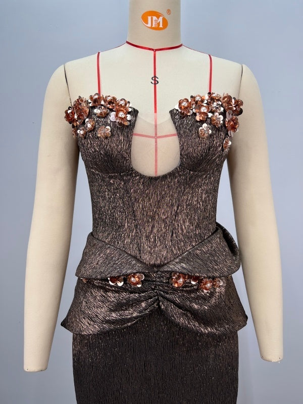 Strapless Diamonds Sequin Flowers Embellished dress