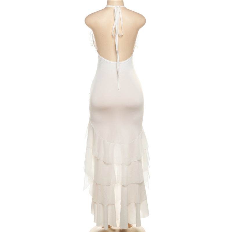 Halter Backless Slim Fit Solid Color Ruffles Dress - REBECATHELABEL