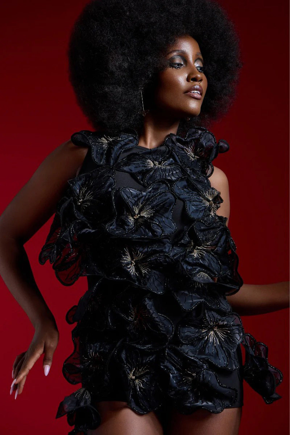 Sleeveless 3D Flowers Midi Bodycon Black Dress