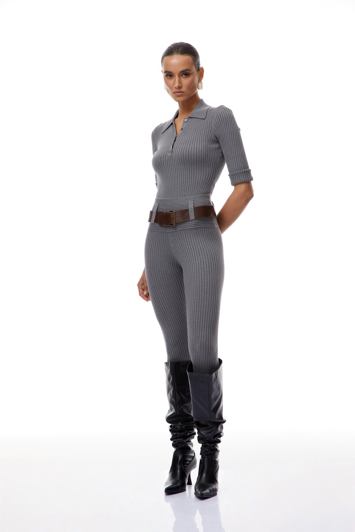 Grey Ribbed Knit Bodysuit & Trousers Set