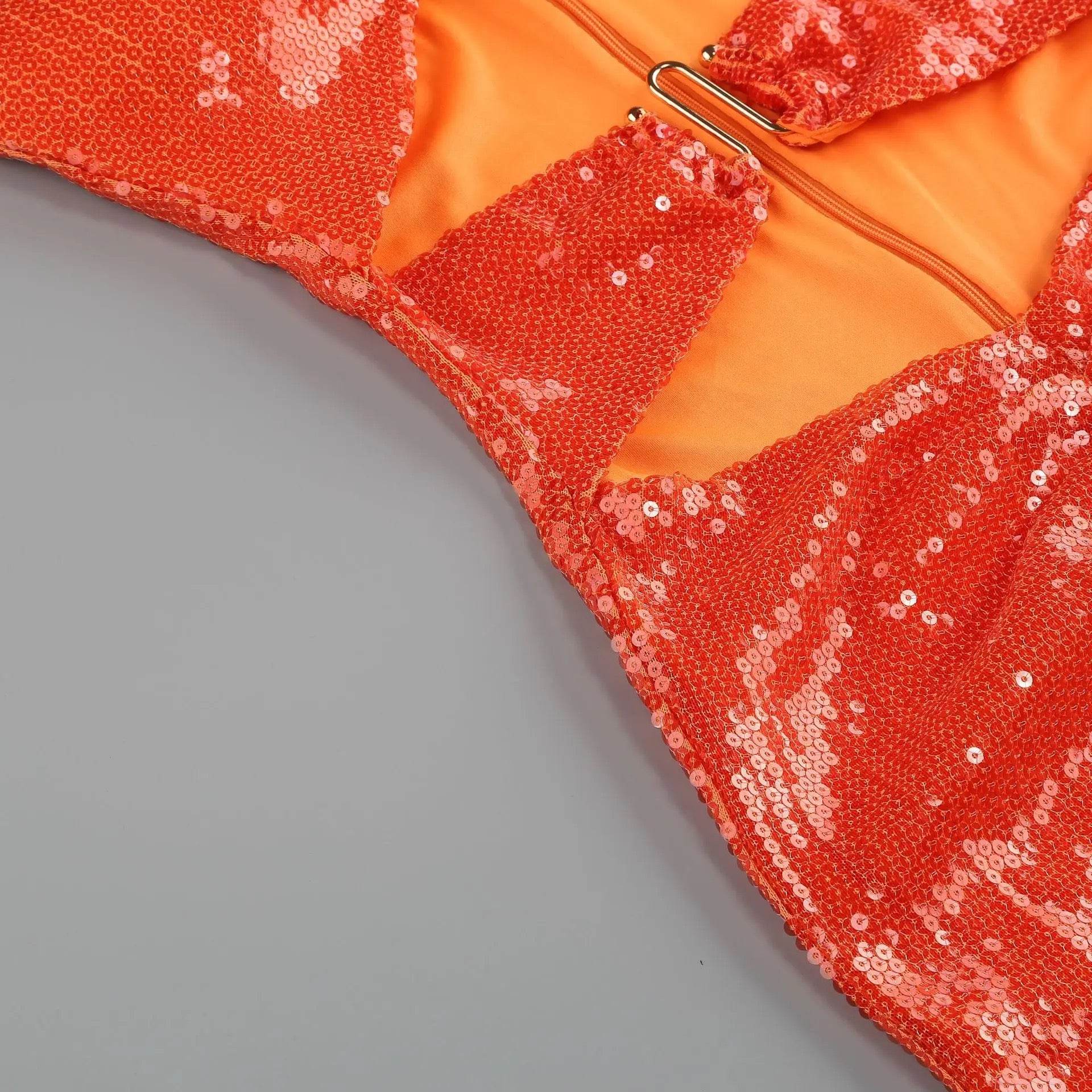 Strapless Orange Strapless Strapless Sequin Cut Out Tight Midi dress - REBECATHELABEL
