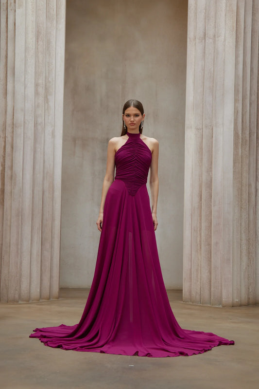 Purple Train Design Ruched Maxi Dress