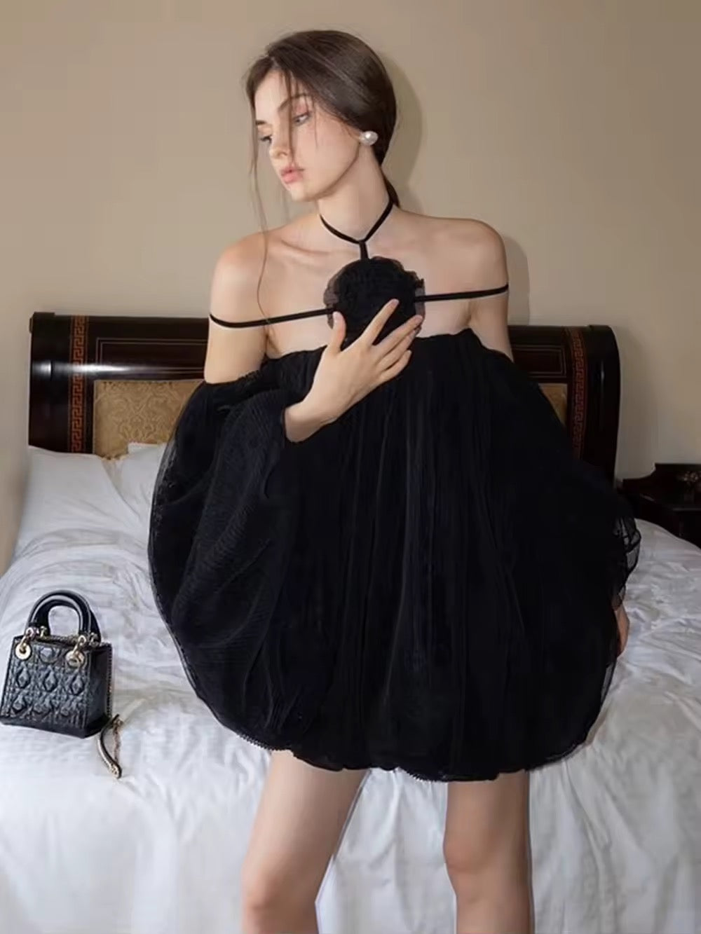 Loose Sexy Flower Mesh Off Shoulder Halter Mini Dress