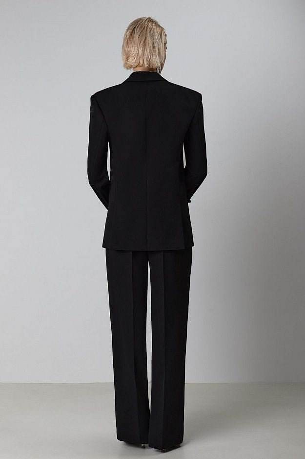 2 Pcs Sets Notched Neck Cardigan Black Blazer High Waist Straight Pants Sets - REBECATHELABEL