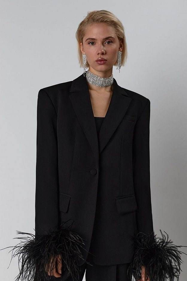 2 Pcs Sets Notched Neck Cardigan Black Blazer High Waist Straight Pants Sets - REBECATHELABEL