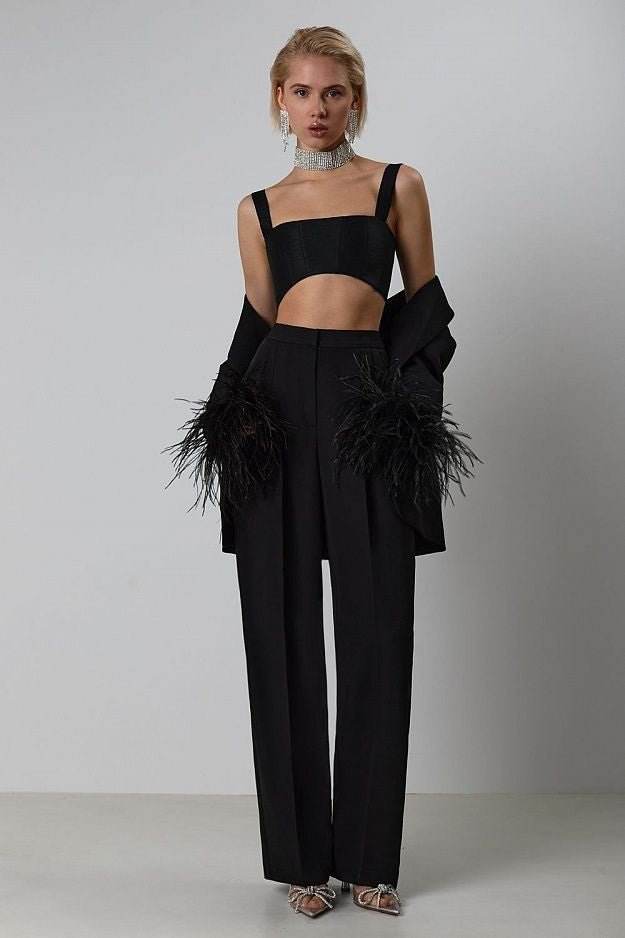 2 Pcs Sets Notched Neck Cardigan Black Blazer High Waist Straight Pants Sets - REBECATHELABEL