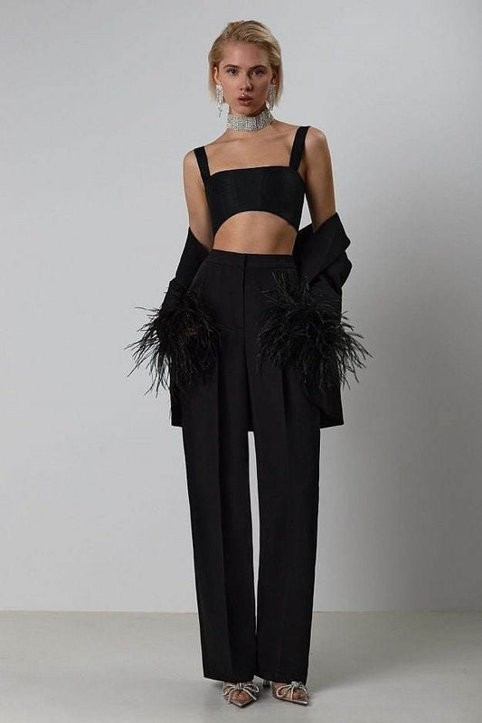 2 Pcs Sets Notched Neck Cardigan Black Blazer High Waist Straight Pants Sets - REBECATHELABEL