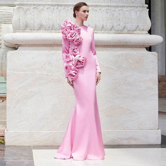 Long Sleeves with Hanging 3D Rose Details Sexy Long Dress - REBECATHELABEL
