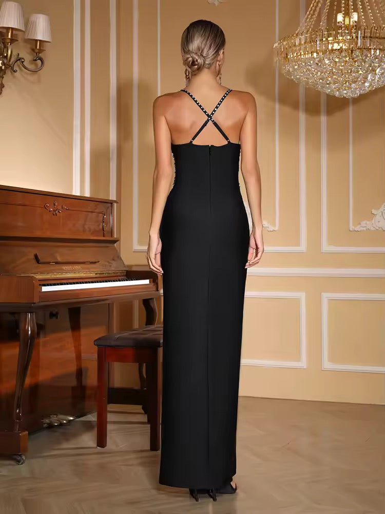 Sleeveless Spaghetti Strap Shiny Crystal Bandage Dress Diamonds Split Bodycon Long Dress