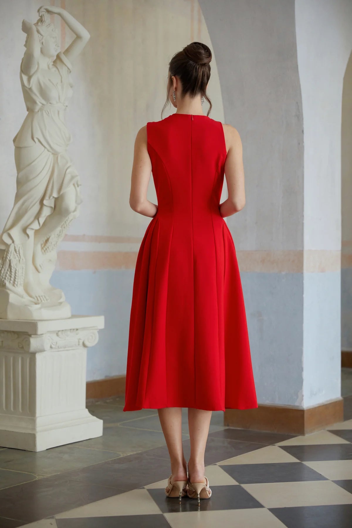 Red Shawl Collar Shirred Midi Dress