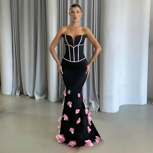 Strapless Peach Blossom 3D Flowers Long Mermaid Dress - REBECATHELABEL