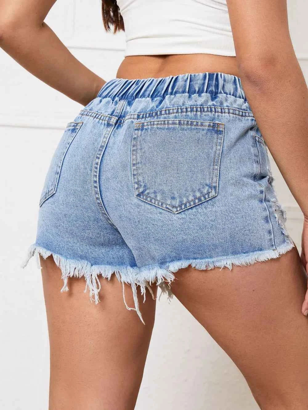 Distressed Drawstring Raw Hem Denim Shorts