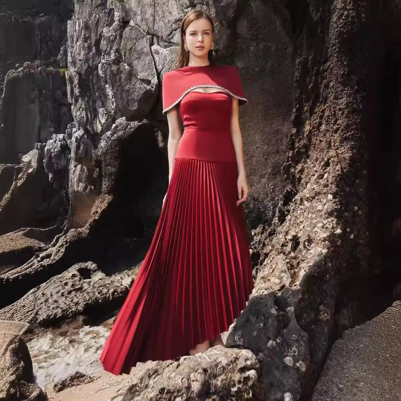 PLEATED MIDI DRESS WITH DETACHABLE EMBELLISHED SHOULDER CAPE - RED