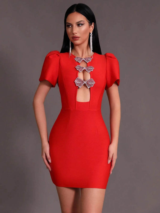 Short sleeved Diamond Bow Hollow Tight Mini Tie dress - REBECATHELABEL