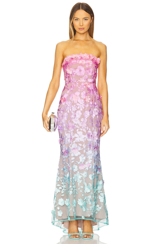 Sleeveless Strapless Appliques Embroidery Slim Dress  Flower Long Dress