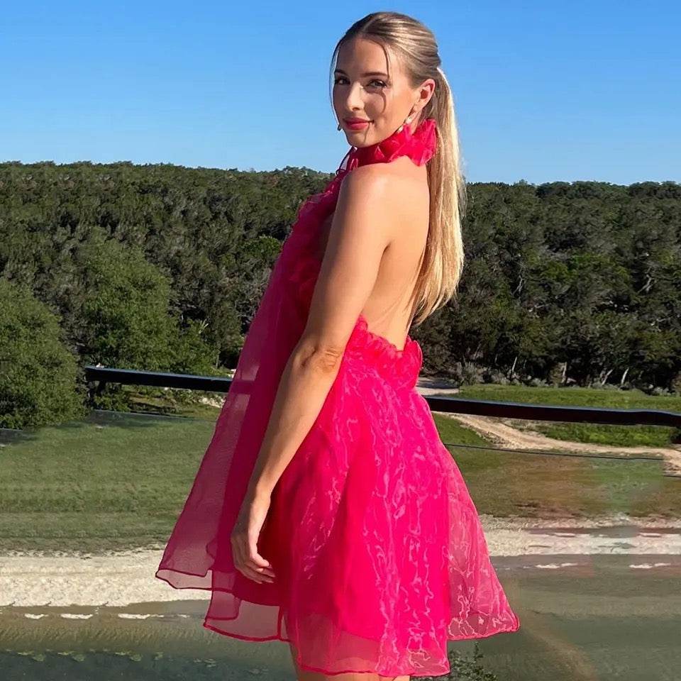 Rose Red Sexy Hanging Neck with Open Back Ruffle Edge dress - REBECATHELABEL