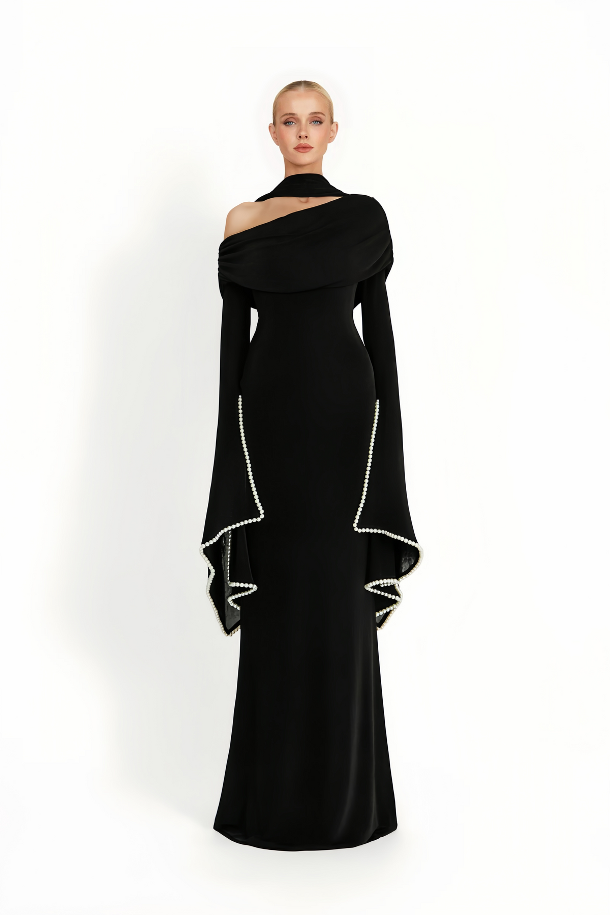 Black One Shoulder Pearl Trim Maxi Gown