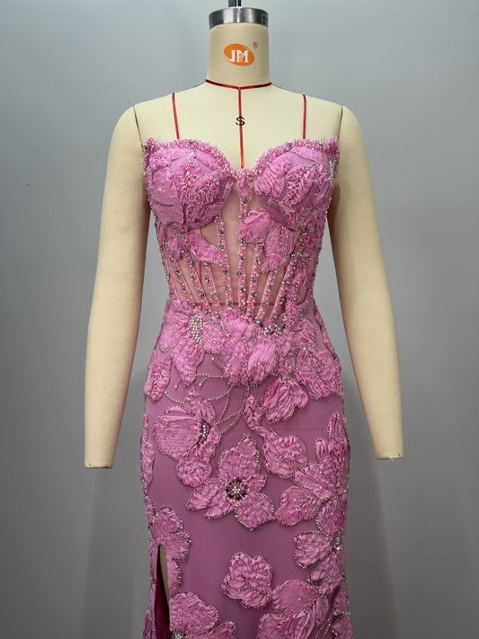 Three-dimensional Heavy Industry Dish Flower Beading Sexy Tube Top Split Party Dress