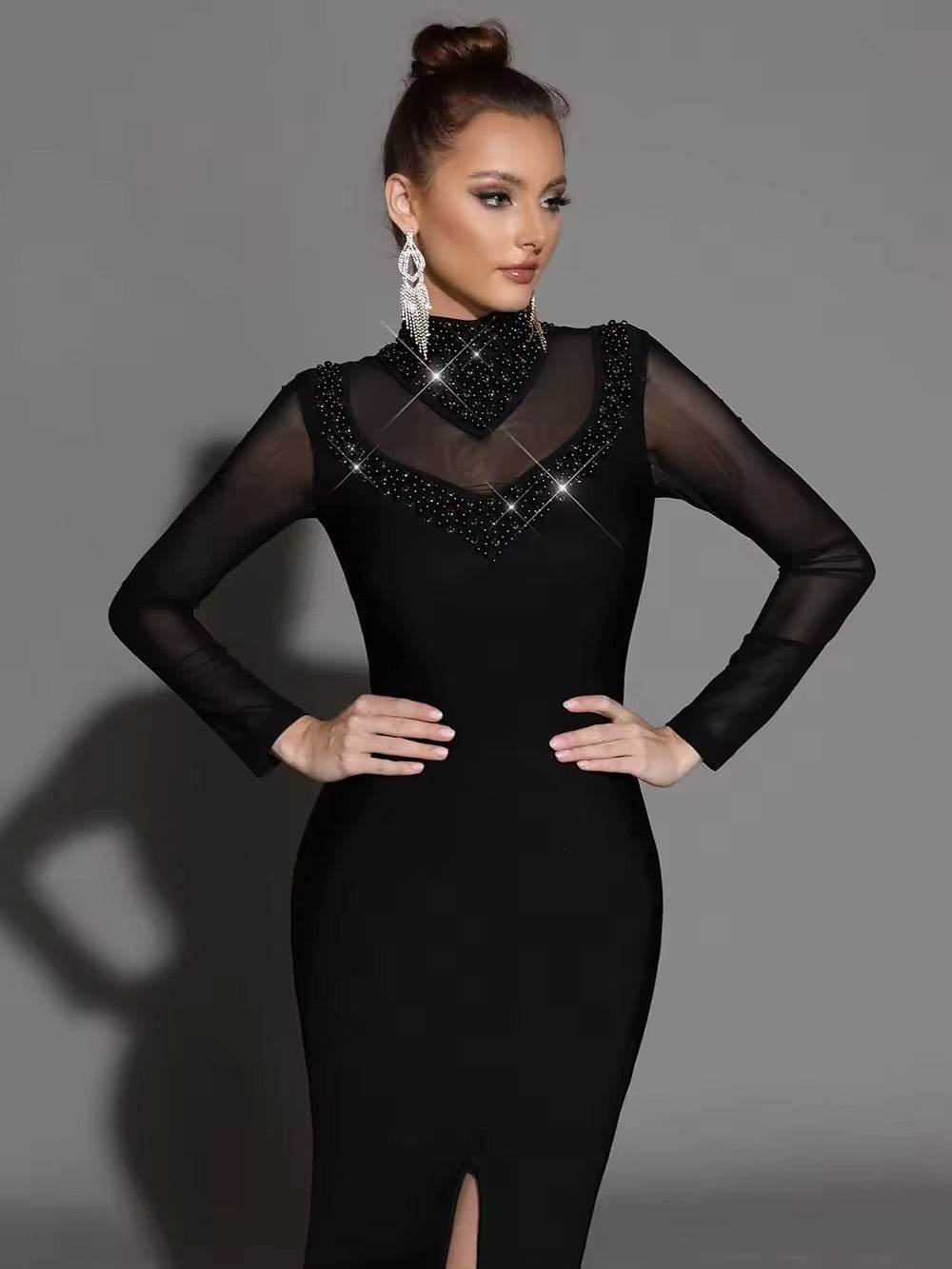 Black Long Sleeves Turtleneck Beaded Mesh Bandage Dress - REBECATHELABEL