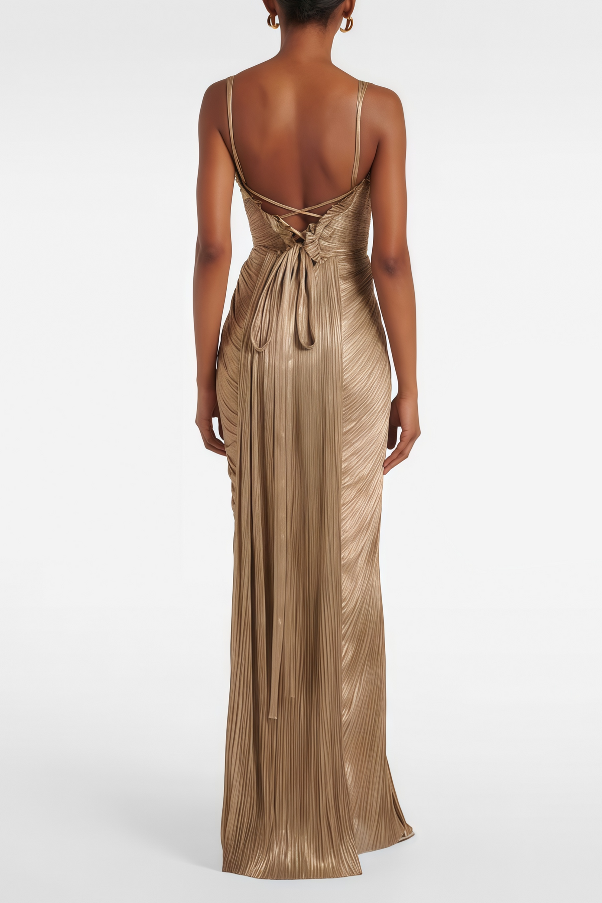 Gold Glossy Pleated Corset Maxi Dress