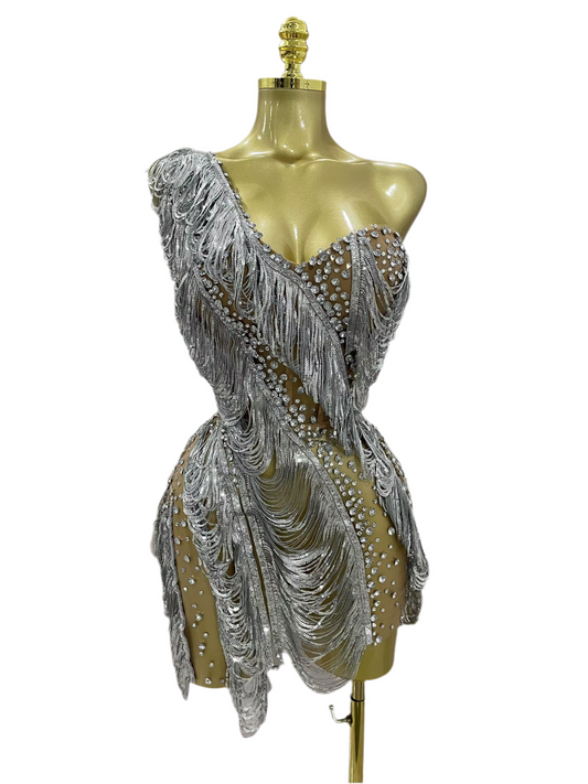 Sparkly Rhinestone Sequins Tassel Mesh One Shoulder Short Dress
