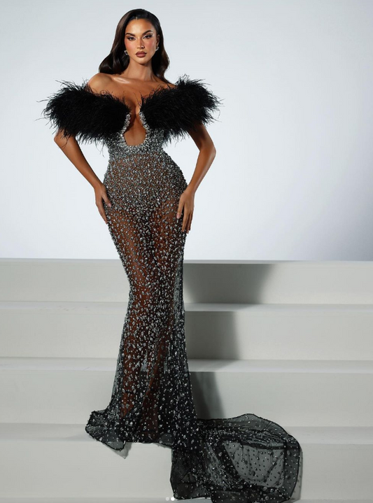 Yolanda feather floor Length dress