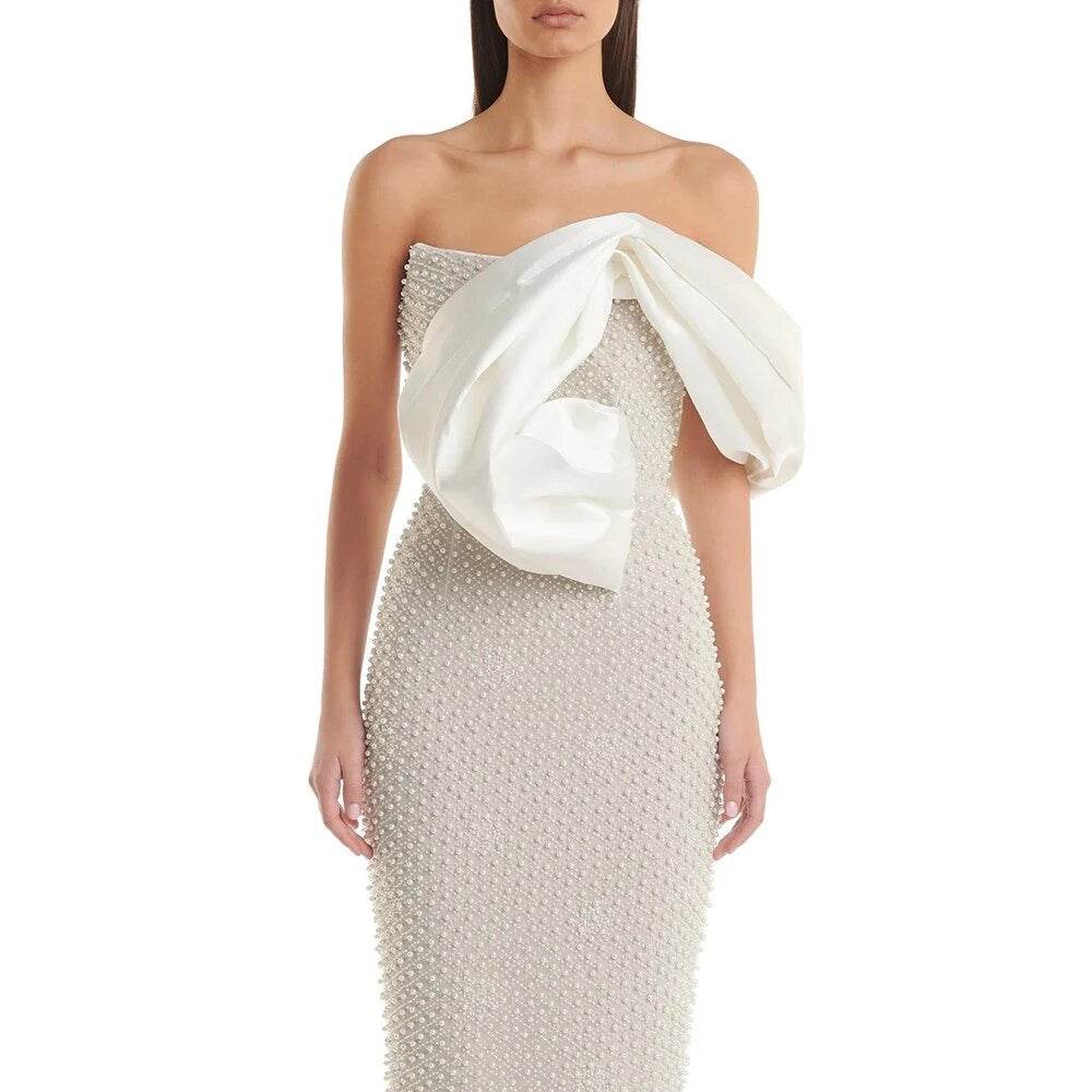 Off Shoulder Luxury Pearl Tight Long Elegant Dress - REBECATHELABEL