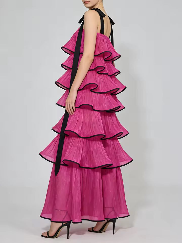 Tiered Ruffles Satin Long Square Neck Sleeveless Bowknot Strap dress