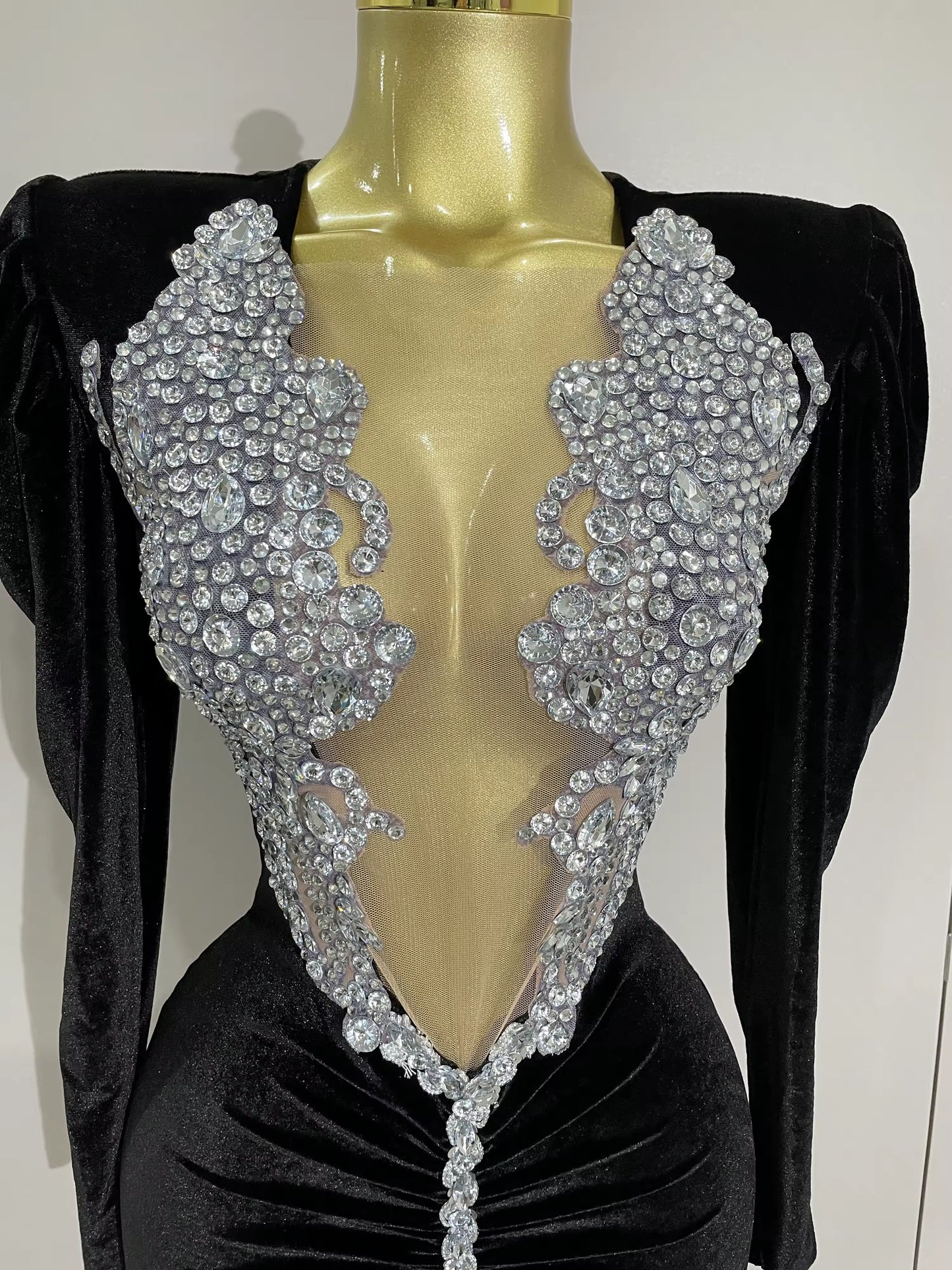 Sparkly Crystals Sexy Mesh Black Velvet Short Dress