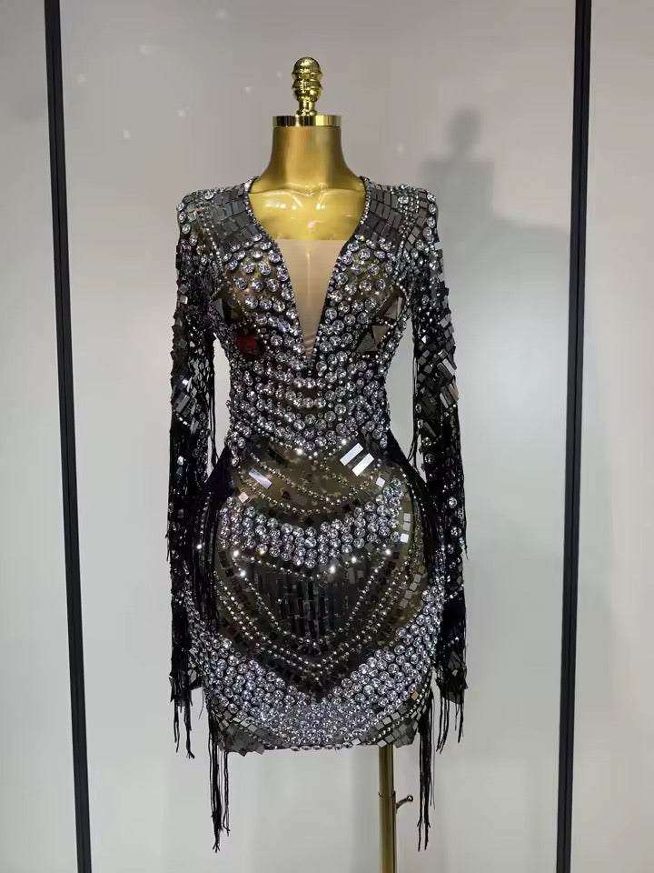 Mesh Sparkly Diamonds Sequin Tassels Long Sleeves Mini Dress