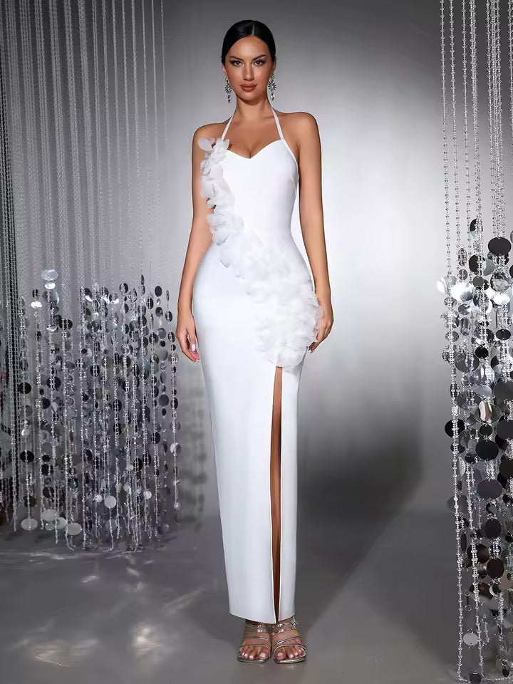 White 3D Flower Sexy Halter Off The Shoulder Bodycon Long Bandage Dress
