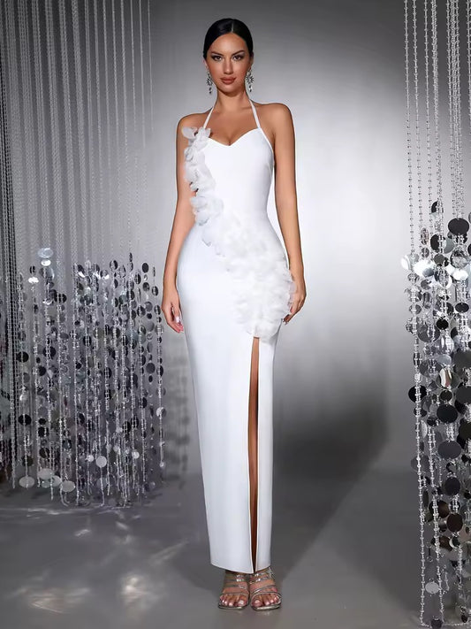 White 3D Flower Sexy Halter Off The Shoulder Bodycon Long Bandage Dress