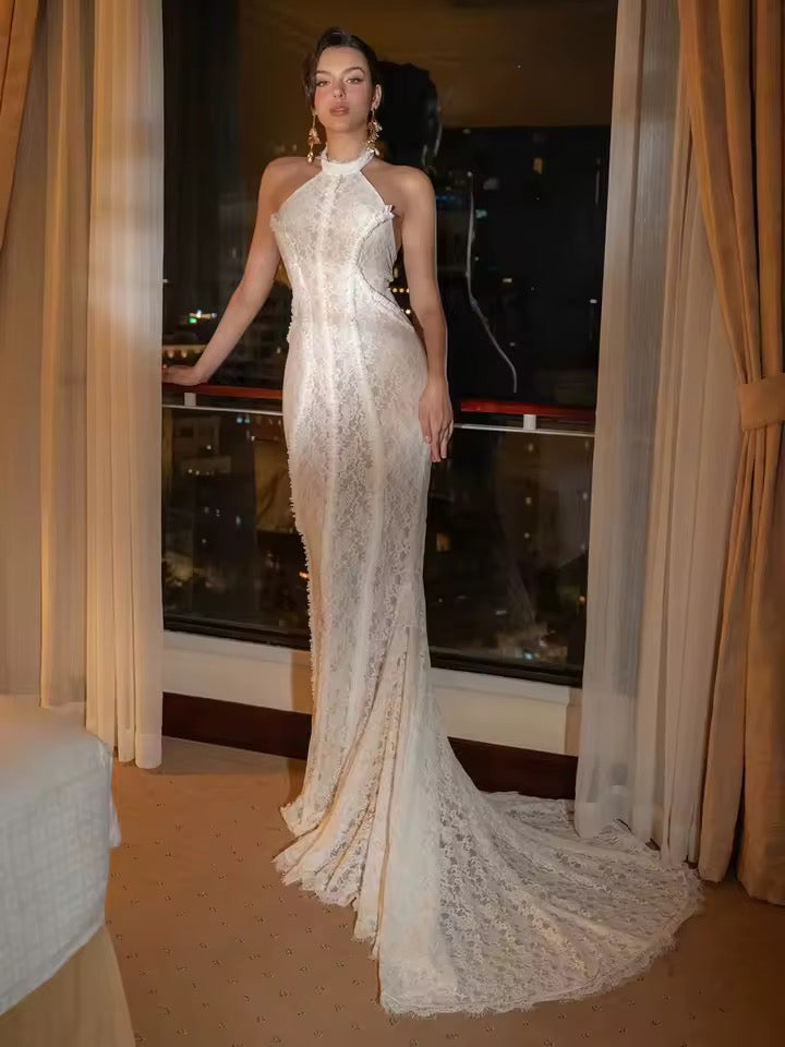 Backless lace-up Bridal Halter Sleeveless Gown dress