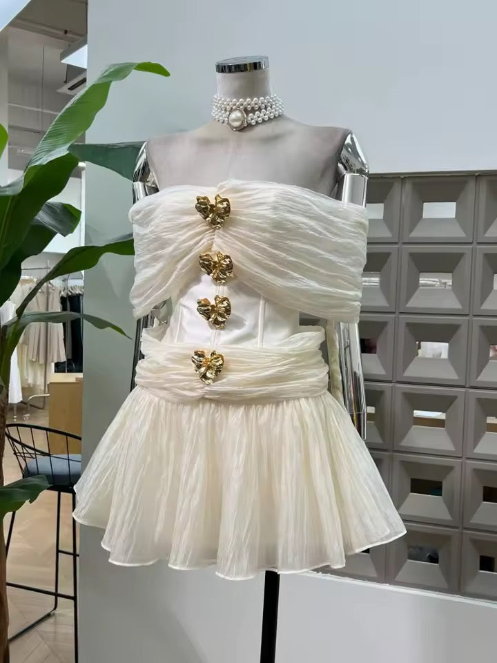 Off The Shoulder Sleeve Metal Buckle Patchwork Mini Dress