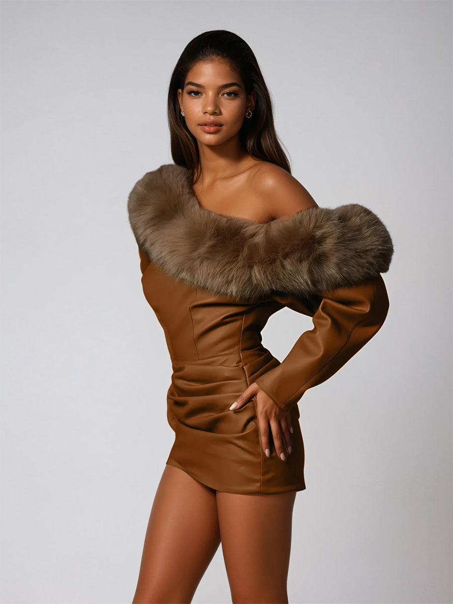 One Shoulder Leather Faux Fur Mini Dress In Caramel